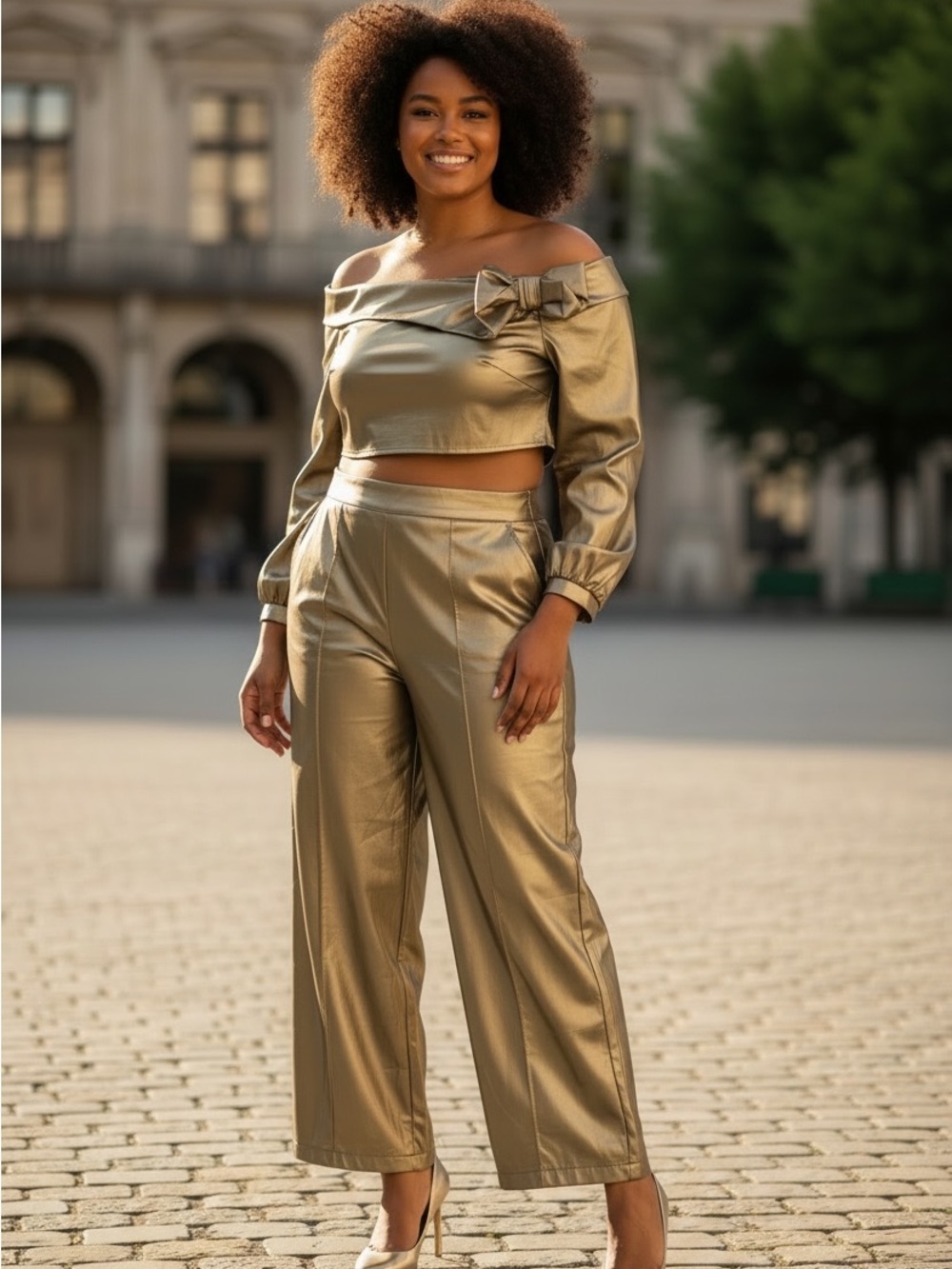 XPlus Wear metallic gold set features a cropped off shoulder top and ankle pants